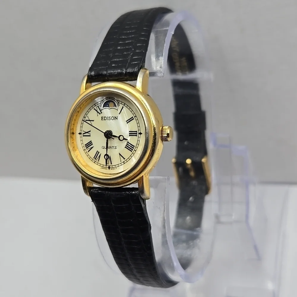 Womens Vintage Edison Moon Phase MOP 24mm Quartz Watch Gold Black New Battery